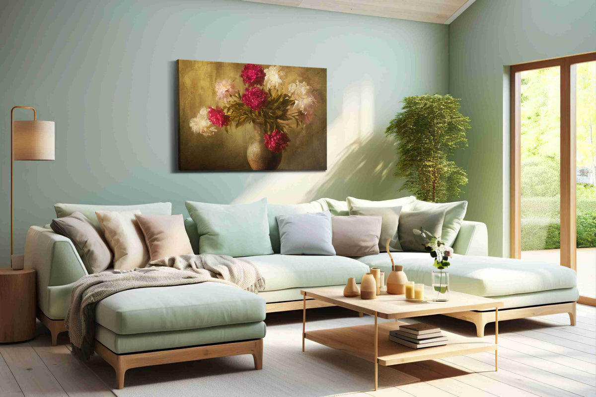 Velvet Peonies at Dusk vintage canvas wall art shown hanging in a styled interior