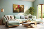 Velvet Peonies at Dusk vintage canvas wall art shown hanging in a styled interior
