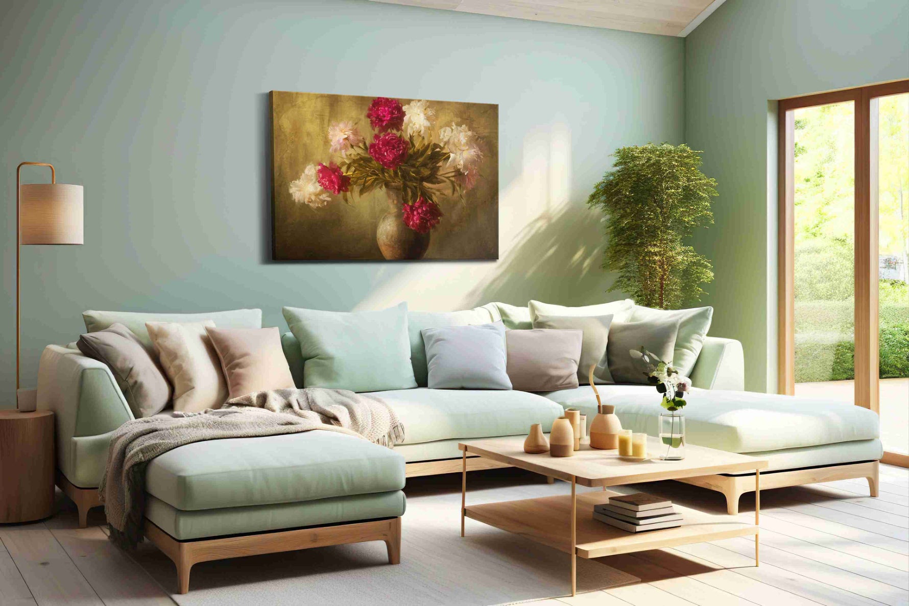 Velvet Peonies at Dusk vintage canvas wall art shown hanging in a styled interior