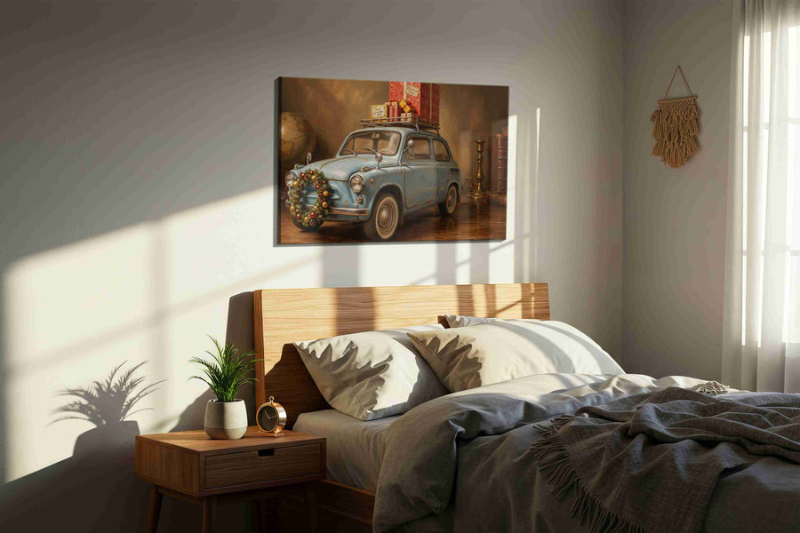 Yuletide Roadster Reverie vintage canvas wall art displayed above a bed in a styled bedroom scene