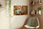 Yuletide Roadster Reverie vintage canvas wall art styled in a living room