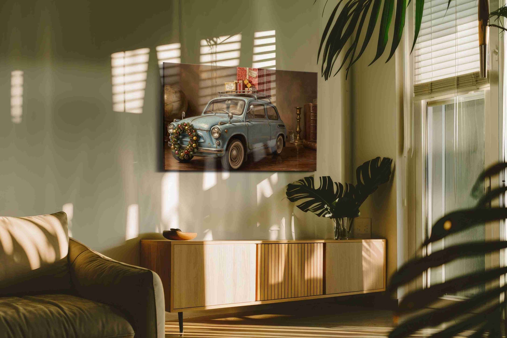 Yuletide Roadster Reverie vintage canvas wall art displayed above a bed in a contemporary bedroom