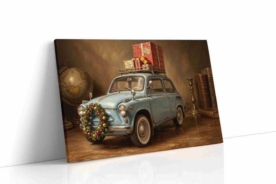 Yuletide Roadster Reverie vintage canvas wall art displayed above a sofa in a modern living room