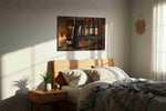 Candlelit Bordeaux Reverie wine canvas wall art displayed above a bed in a styled bedroom scene