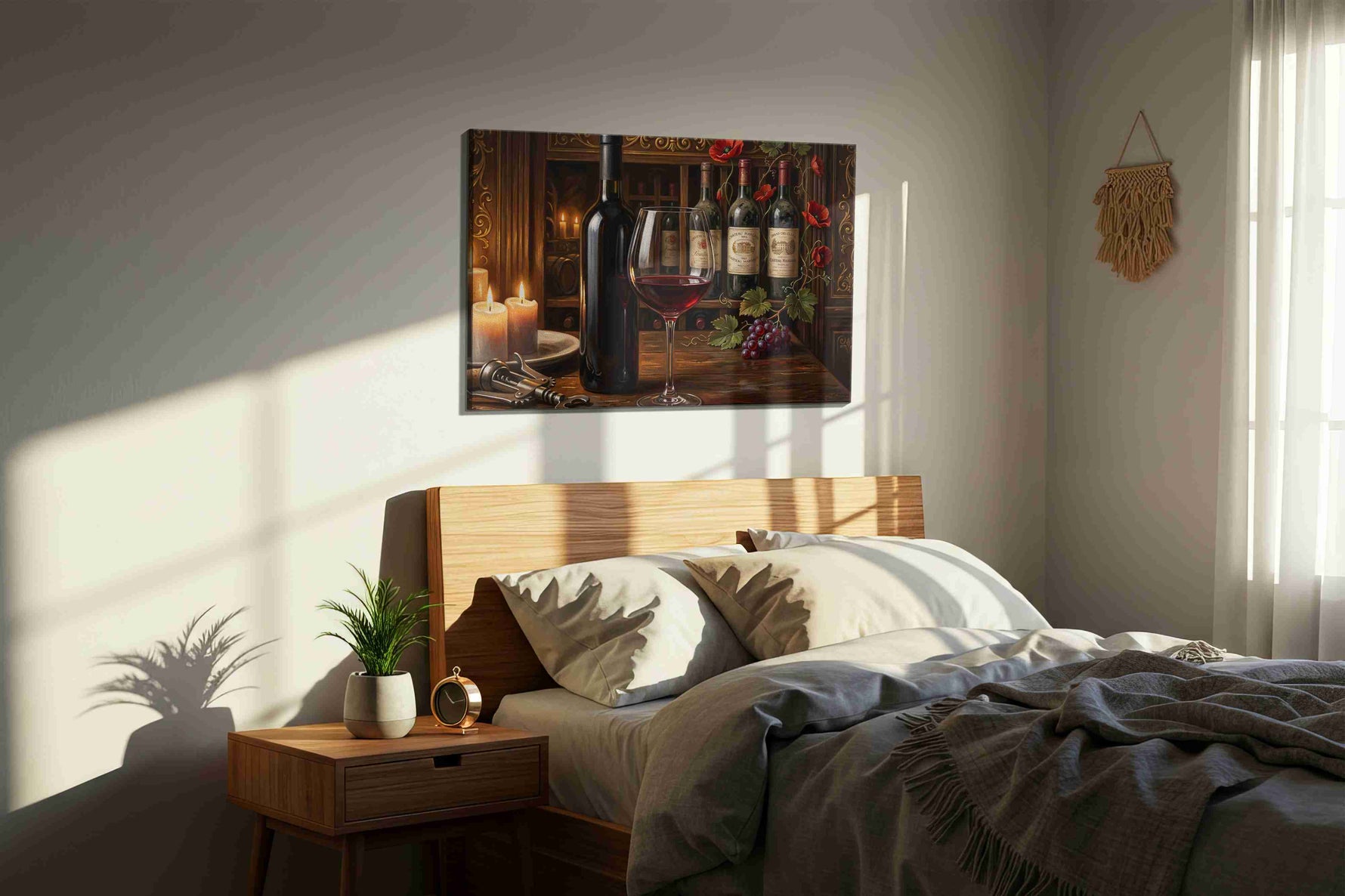 Candlelit Bordeaux Reverie wine canvas wall art displayed above a bed in a styled bedroom scene