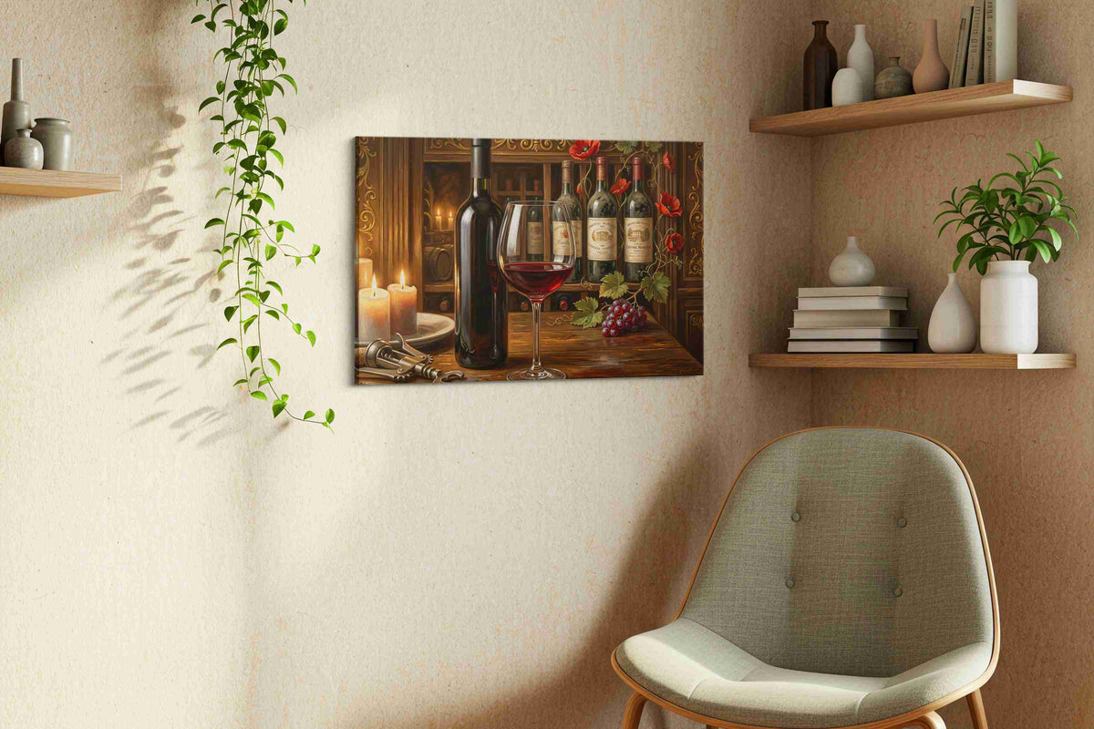 Candlelit Bordeaux Reverie wine canvas wall art displayed above a bed in a contemporary bedroom