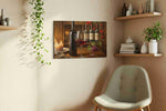 Candlelit Bordeaux Reverie wine canvas wall art displayed above a bed in a contemporary bedroom