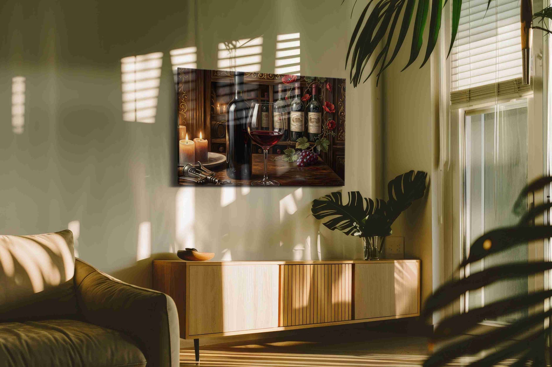 Candlelit Bordeaux Reverie wine canvas wall art shown hanging in a styled interior