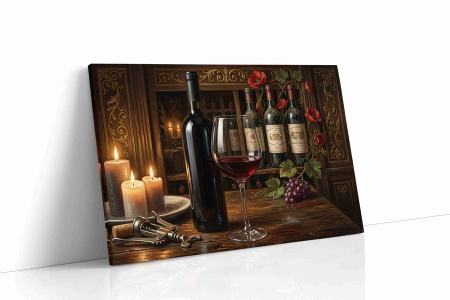 Candlelit Bordeaux Reverie wine canvas wall art displayed above a sofa in a modern living room