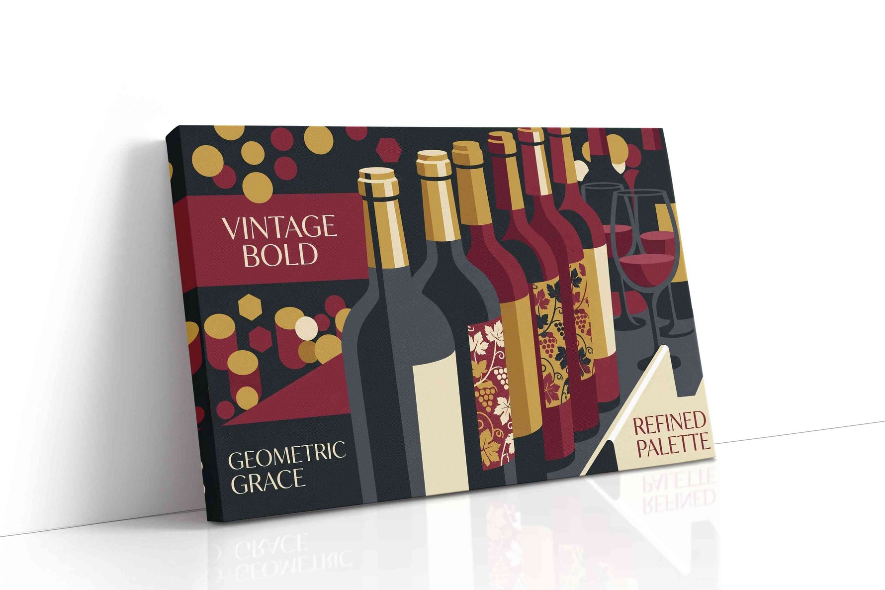 Cellar Nocturne in Garnet wine canvas wall art displayed above a bed in a contemporary bedroom