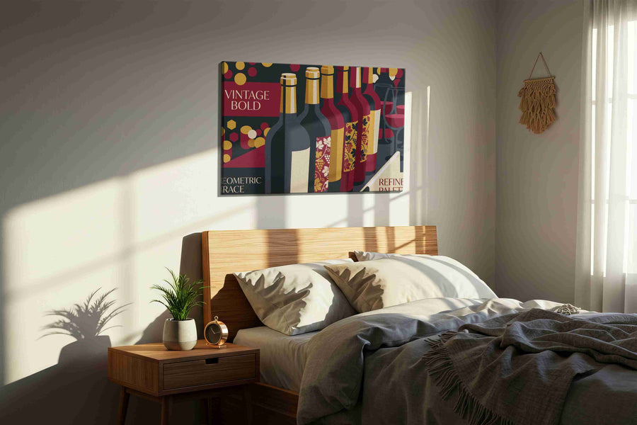 Cellar Nocturne in Garnet wine canvas wall art displayed above a bed in a styled bedroom scene