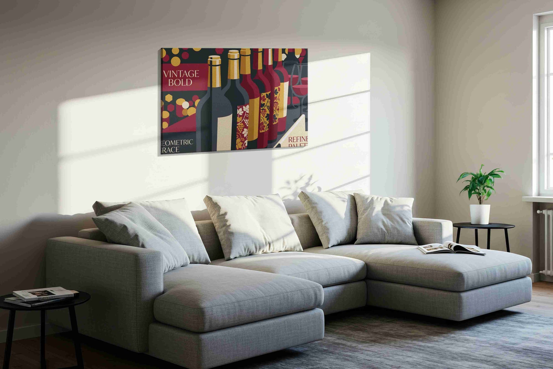 Cellar Nocturne in Garnet wine canvas wall art displayed above a sofa in a styled living room scene