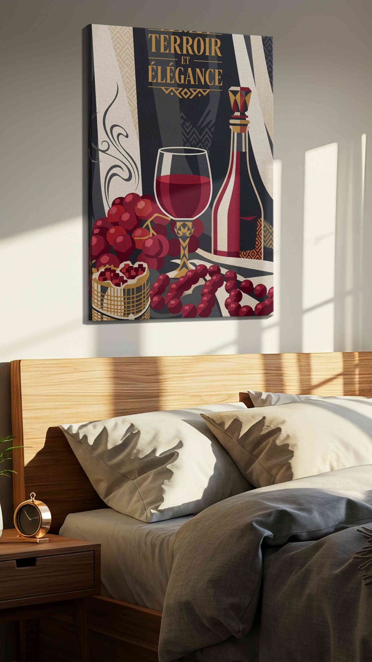 Terroir in Velvet Crimson wine canvas wall art displayed above a bed in a styled bedroom scene