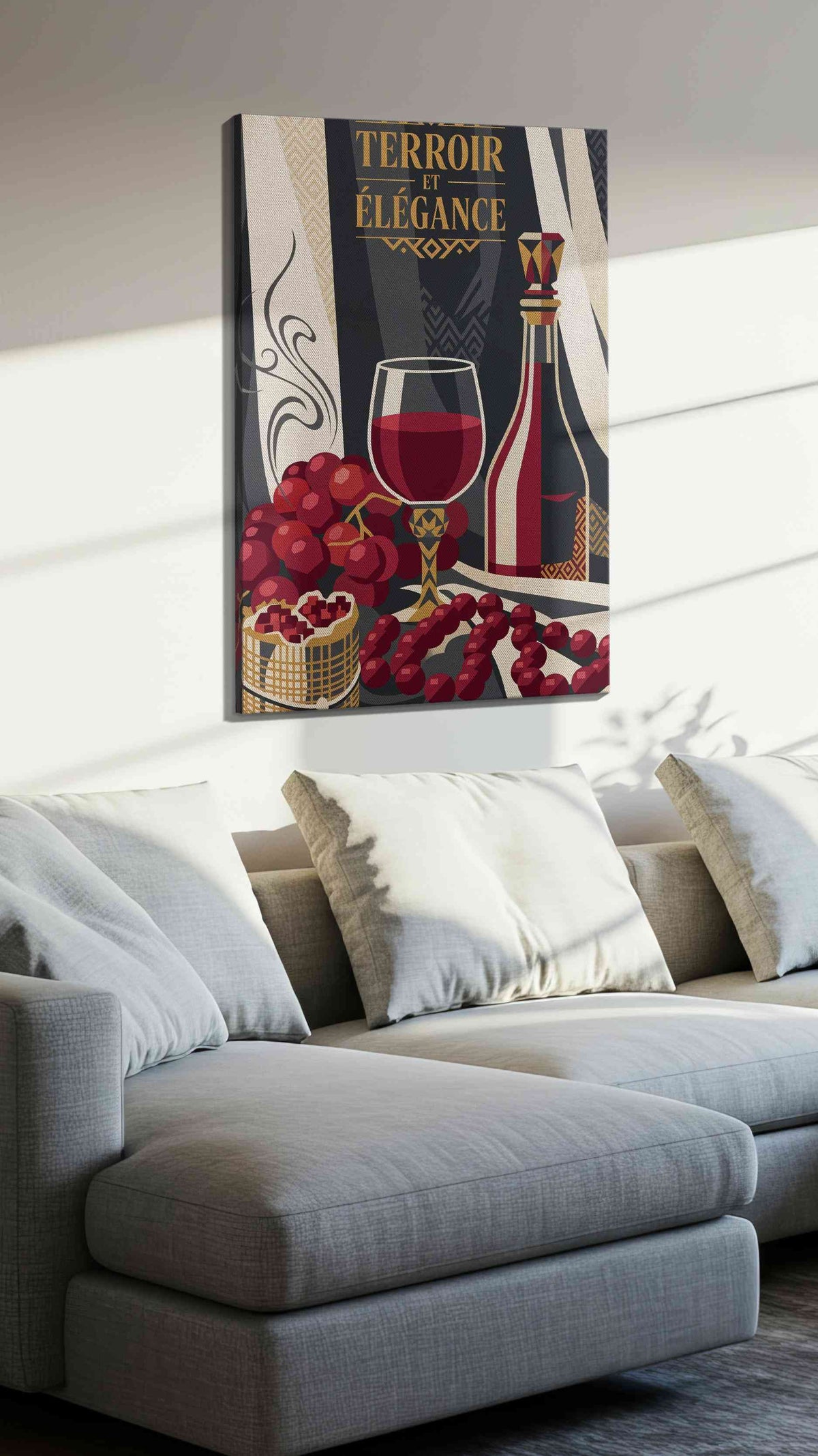 Terroir in Velvet Crimson wine canvas wall art displayed above a sofa in a styled living room scene