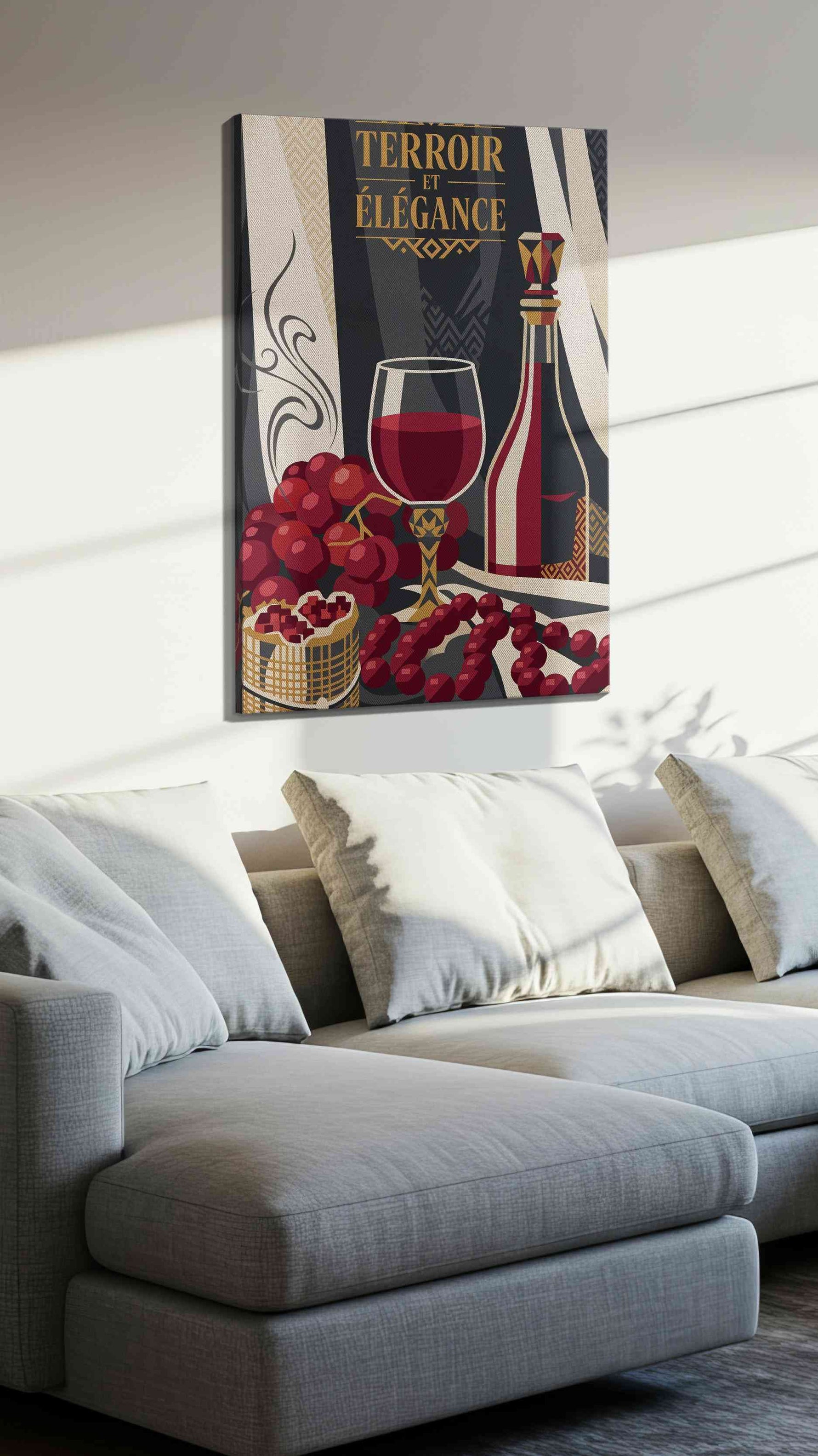 Terroir in Velvet Crimson wine canvas wall art displayed above a sofa in a styled living room scene