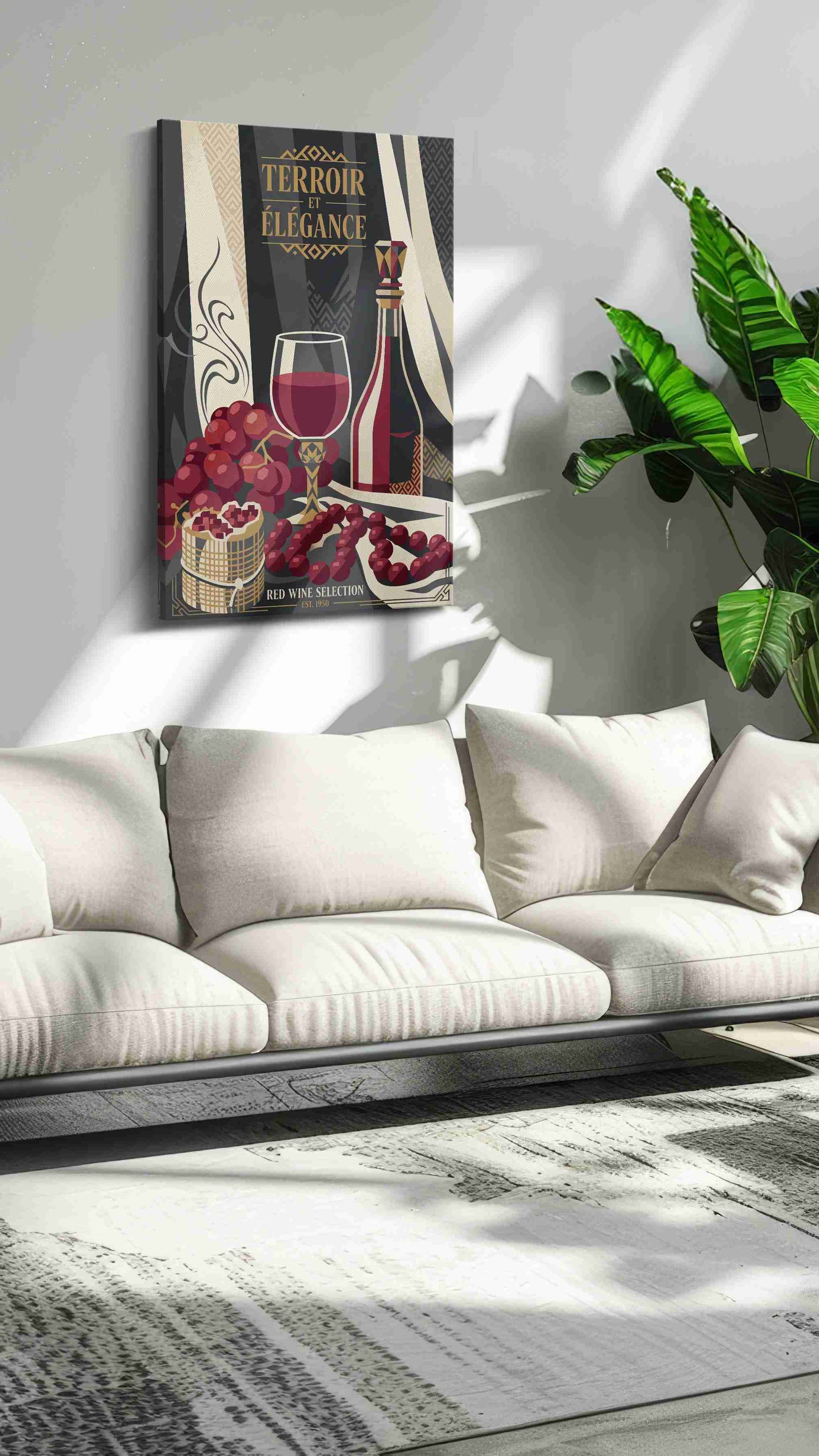 Terroir in Velvet Crimson wine canvas wall art displayed above a bed in a contemporary bedroom