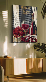 Terroir in Velvet Crimson wine canvas wall art shown hanging in a styled interior