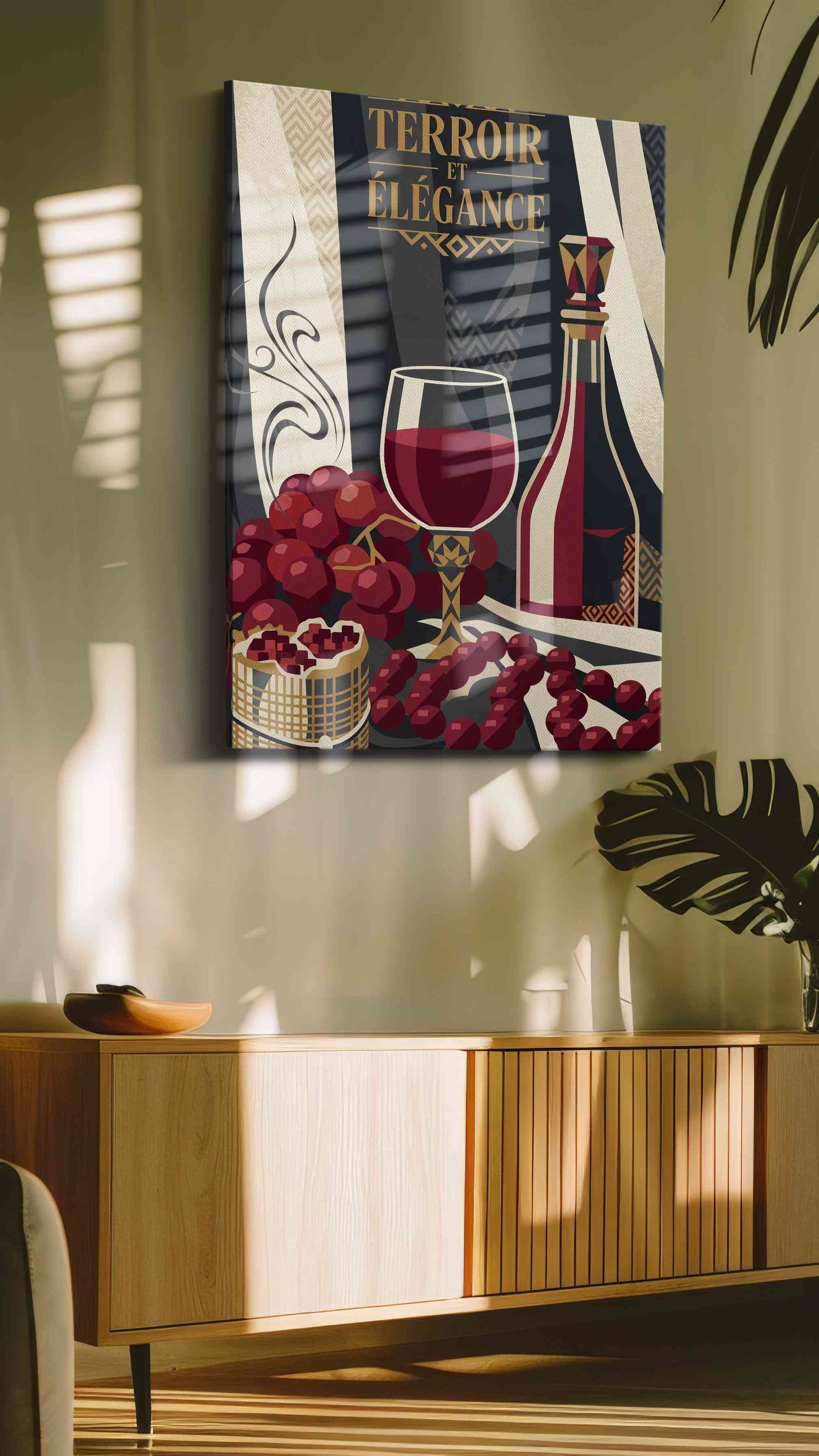 Terroir in Velvet Crimson wine canvas wall art shown hanging in a styled interior
