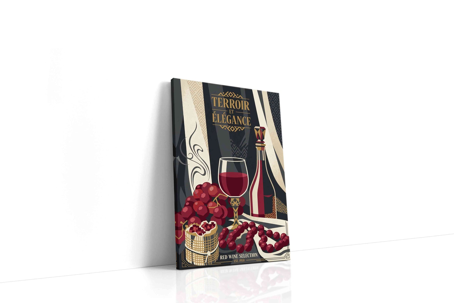 Terroir in Velvet Crimson wine canvas wall art displayed above a sofa in a modern living room