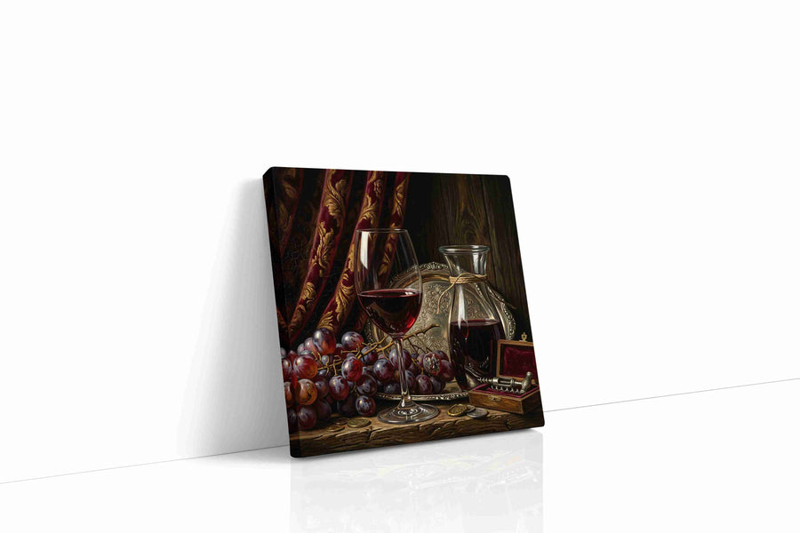 Velvet Bacchus Stillness wine canvas wall art displayed above a sofa in a modern living room