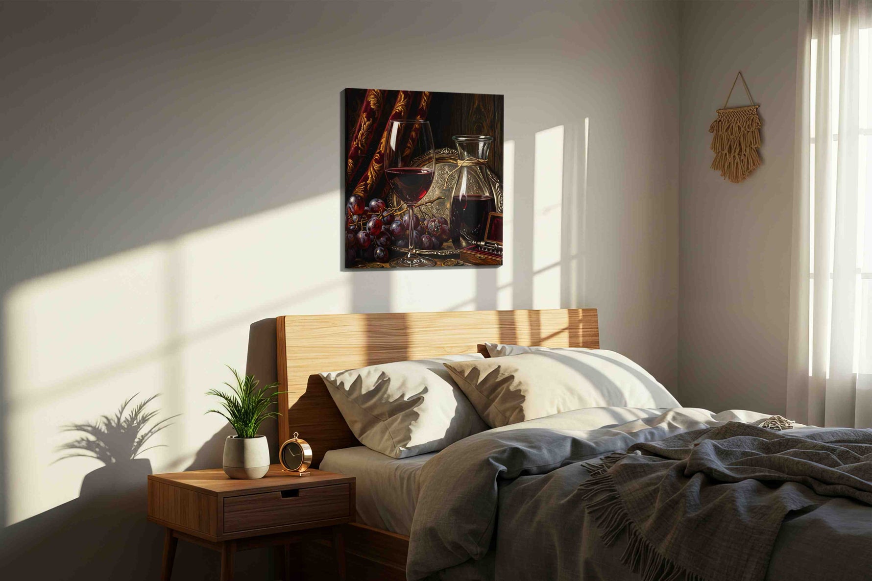 Velvet Bacchus Stillness wine canvas wall art displayed above a bed in a styled bedroom scene