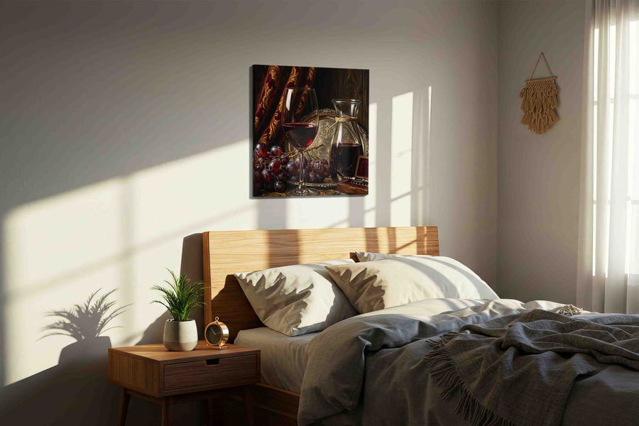 Velvet Bacchus Stillness wine canvas wall art displayed above a bed in a styled bedroom scene