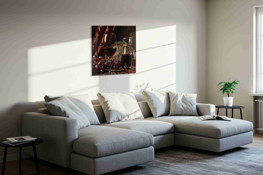 Velvet Bacchus Stillness wine canvas wall art displayed above a sofa in a styled living room scene