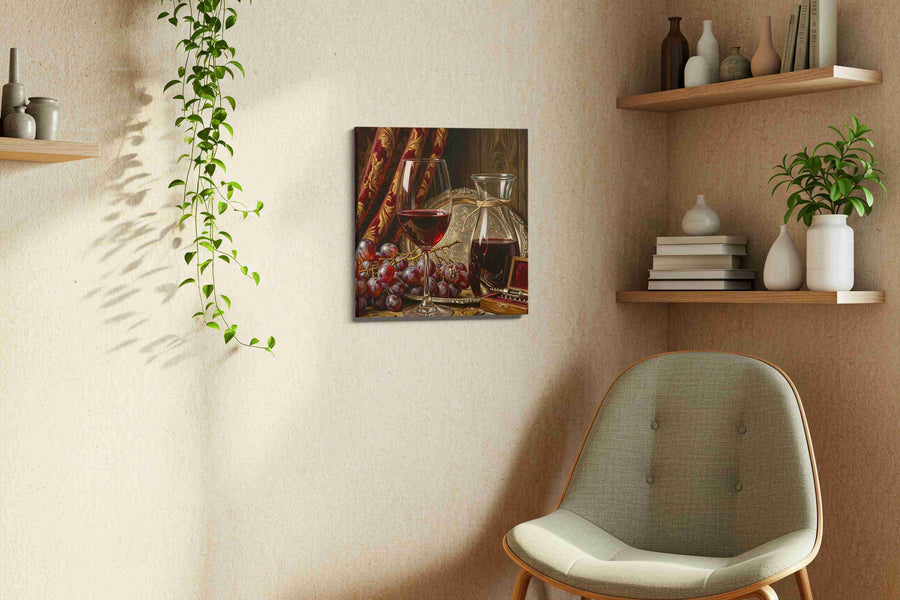 Velvet Bacchus Stillness wine canvas wall art styled in a living room