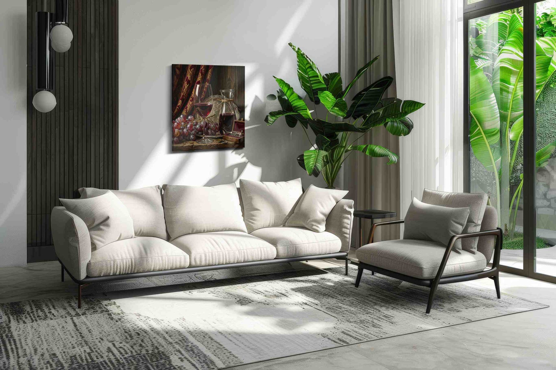 Velvet Bacchus Stillness wine canvas wall art shown hanging in a styled interior