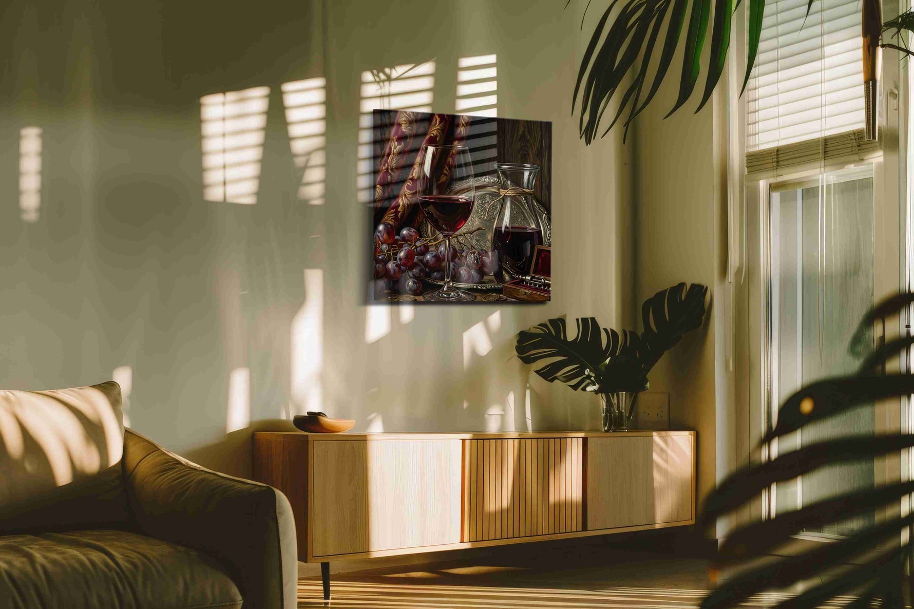 Velvet Bacchus Stillness wine canvas wall art displayed above a bed in a contemporary bedroom