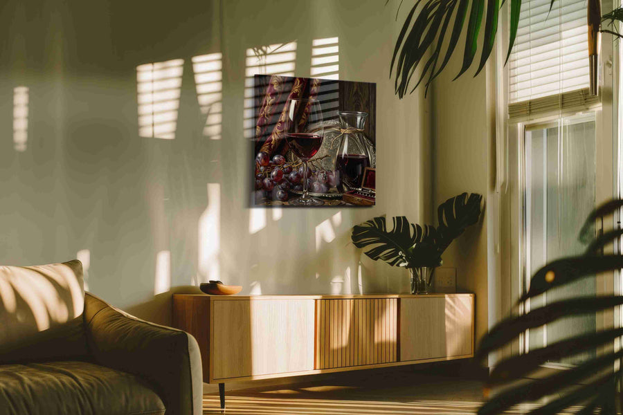Velvet Bacchus Stillness wine canvas wall art displayed above a bed in a contemporary bedroom