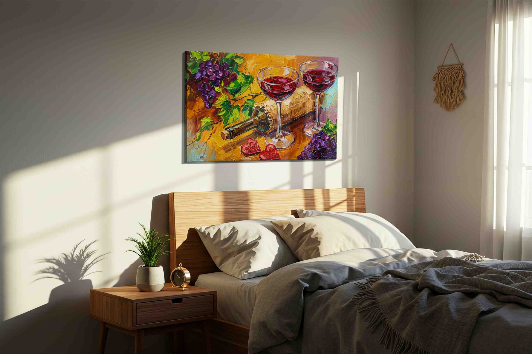 Velvet Harvest Toast wine canvas wall art displayed above a bed in a styled bedroom scene