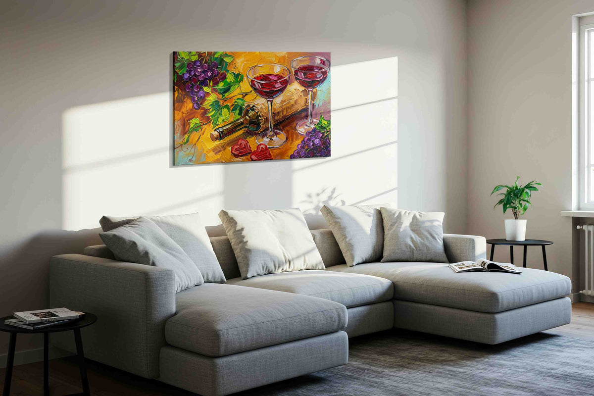 Velvet Harvest Toast wine canvas wall art displayed above a bed in a contemporary bedroom