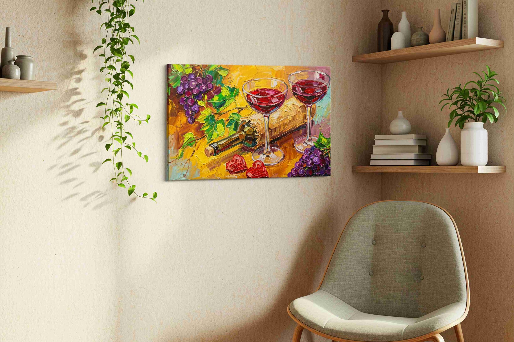 Velvet Harvest Toast wine canvas wall art displayed above a sofa in a styled living room scene