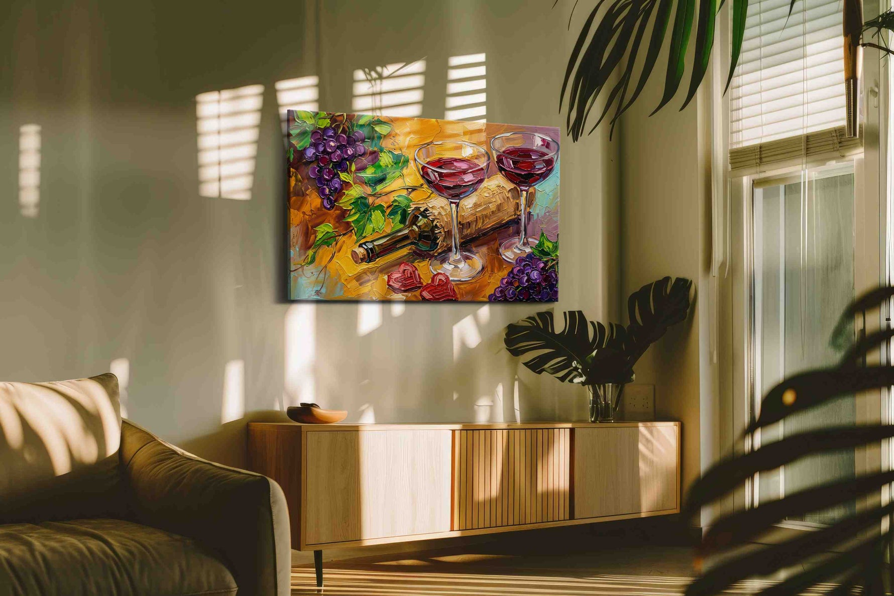 Velvet Harvest Toast wine canvas wall art in a contemporary interior mockup