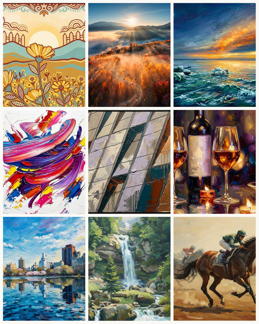 A gallery of artworks created in Your Art Studio — landscapes, abstracts, city scenes, still lifes and more